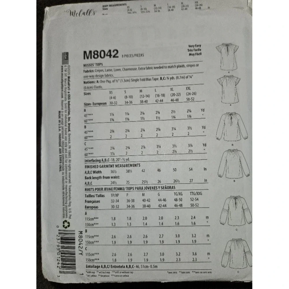 McCalls M8042 Misses Tops Sewing Pattern Uncut Size XS-M Ruffle Neck Tie Front